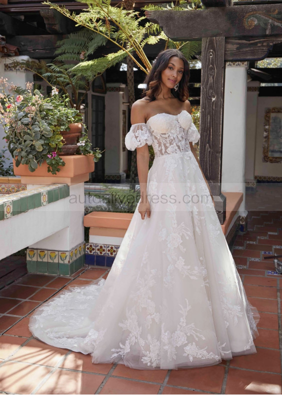 Beaded Ivory Lace Tulle Graceful Wedding Dress With Detachable Sleeves